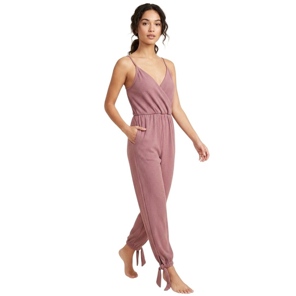 Rolla Coaster Mauve Ribbed Knit Wrap Jumpsuit Boho Tie Ankle Small